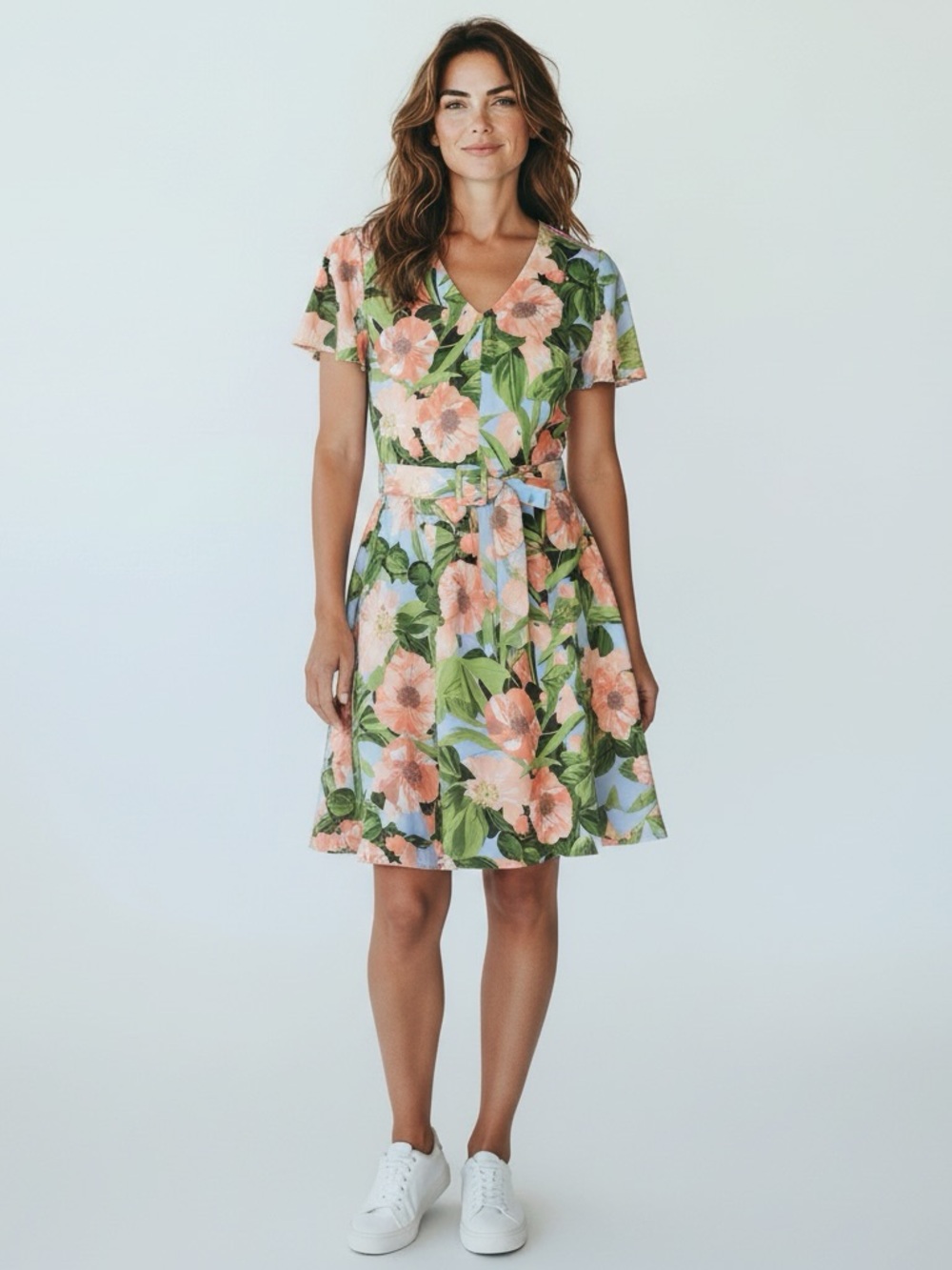 New Tahari ASL Peach Floral V-Neck Belted Dress with Green Leaves size 10